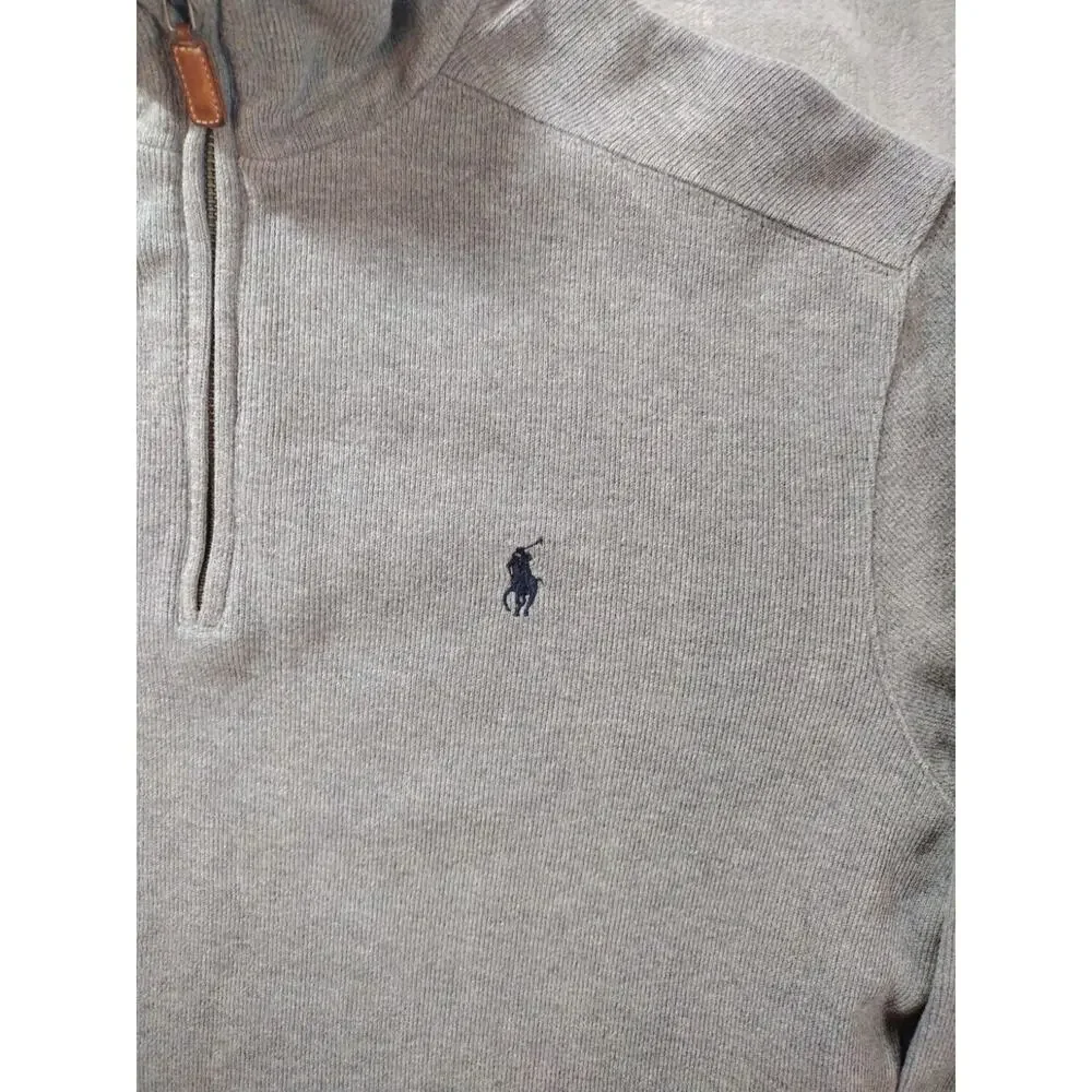 Vtg Polo Ralph Lauren 1/4 Zip Sweater Mens M Gray W/Navy Pony Mock Neck Preppy